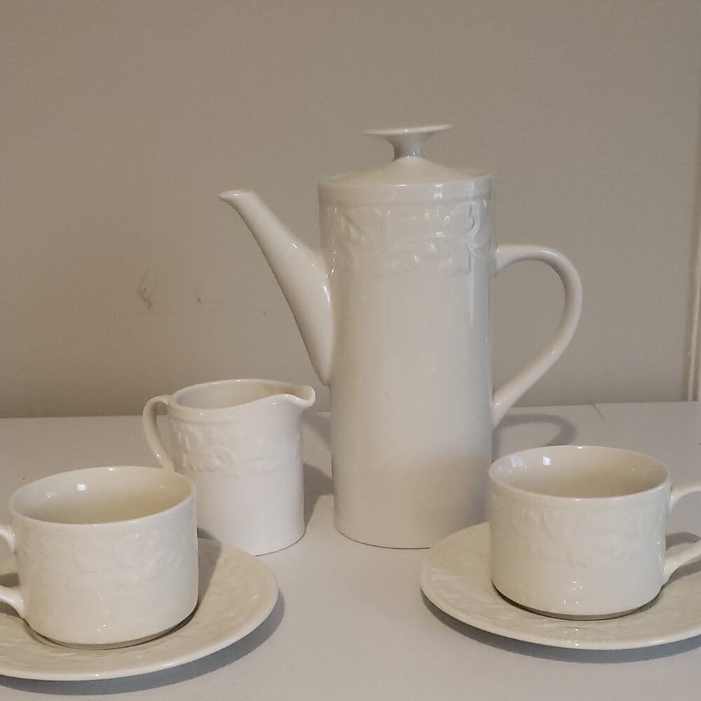 Garland 8837 White Stoneware Tea Set, Teapot, Creamer, Cups, Saucers